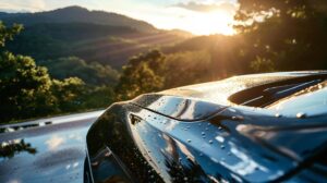 a gleaming, freshly coated car stands majestically under the warm afternoon sun in asheville, showcasing the stunning reflective surface of its ceramic coating against a backdrop of lush, green mountains.