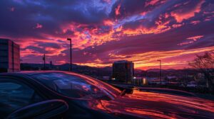 a gleaming, impeccably maintained car with a radiant ceramic coating reflecting the vibrant asheville skyline at sunset.