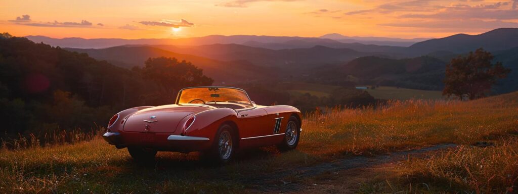 a gleaming, meticulously detailed car stands in the vibrant backdrop of asheville's lush landscape, showcasing its polished exterior under the soft glow of golden hour lighting.