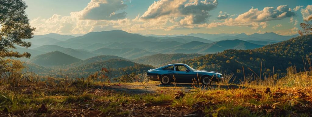 a vibrant scene of a gleaming, meticulously detailed car parked in front of the picturesque asheville mountains, showcasing the beauty of both the vehicle and the natural landscape in bright afternoon sunlight.