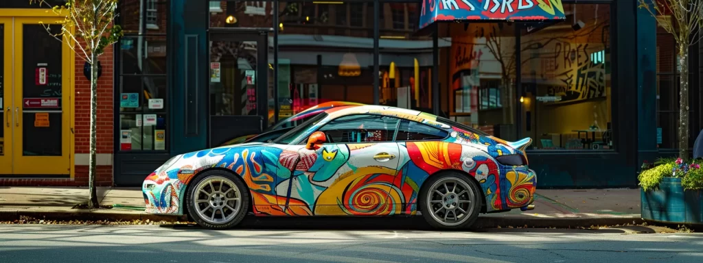 a brightly colored, custom-painted car parked in the midst of asheville's vibrant art district, showcasing a unique design influenced by the local art scene.