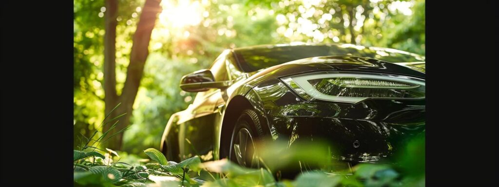 a gleaming eco-friendly car, surrounded by lush greenery in asheville, showcases sustainable detailing practices, with vibrant sunlight illuminating its polished surface and highlighting the commitment to environmental responsibility.