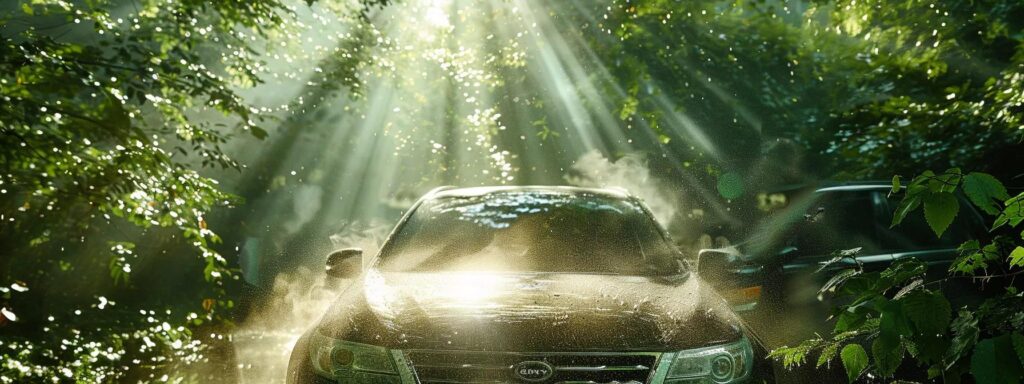 a gleaming eco-friendly vehicle is showcased in a sun-drenched asheville environment, surrounded by lush greenery, emphasizing sustainable car detailing with shimmering water droplets from a gentle steam clean.