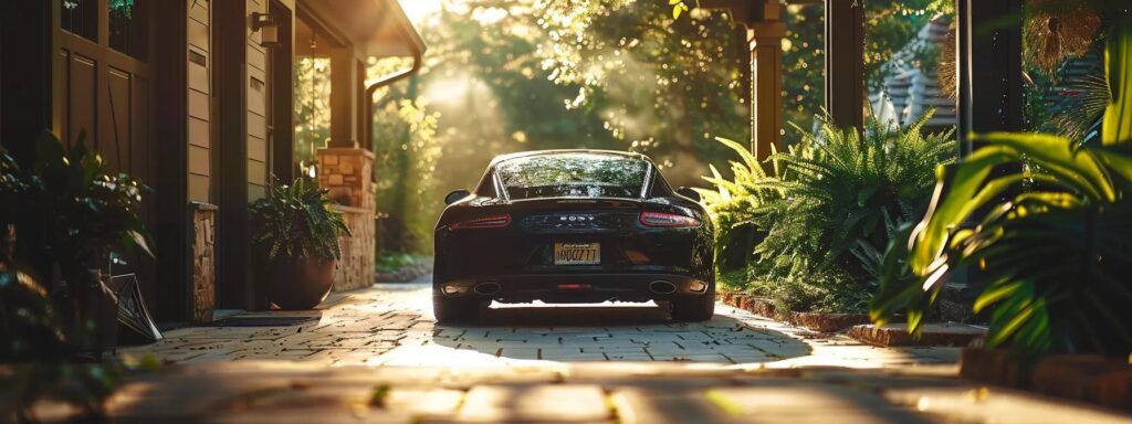 a gleaming, freshly detailed car parked in a sunlit asheville setting, showcasing its mirror-like exterior and pristine interior, with lush greenery in the background emphasizing sustainable car care.