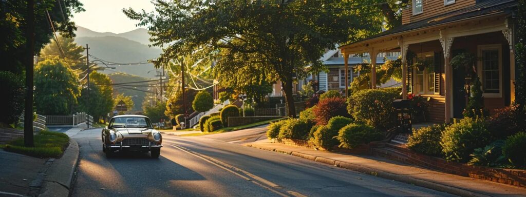 a gleaming, freshly detailed car sits under soft, natural lighting on a picturesque asheville street, showcasing its immaculate shine and vibrant colors that reflect the surrounding lush green mountains.