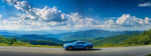 a gleaming, freshly detailed car stands out against asheville's scenic blue ridge mountains, reflecting vibrant colors under a bright, sunny sky.