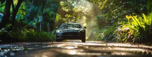 a gleaming, freshly detailed car stands under soft sunlight, showcasing its impeccable shine against a backdrop of lush, vibrant greenery in asheville.