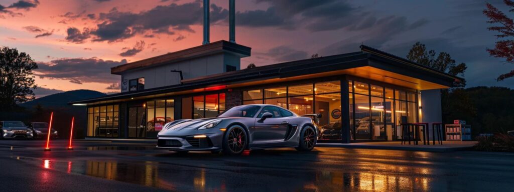 a gleaming, meticulously detailed car parked in front of a modern auto detailing shop in asheville, illuminated by soft evening light, showcasing vibrant reflections and pristine surfaces to emphasize the quality of local services.