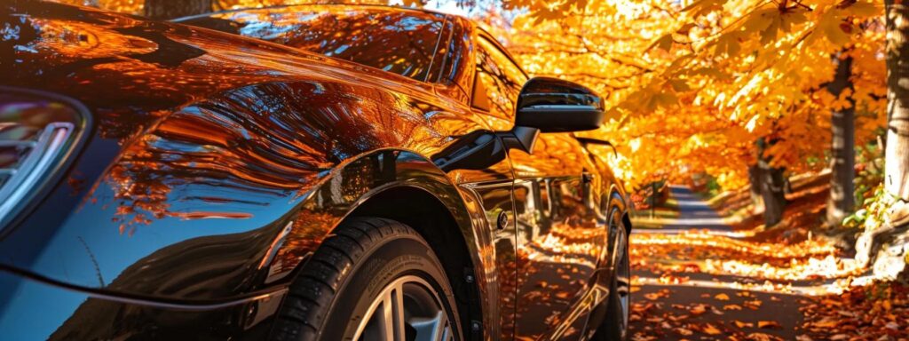 a gleaming, meticulously detailed car reflecting vibrant autumn foliage in asheville, showcasing the transformative power of professional car detailing under soft, natural sunlight.