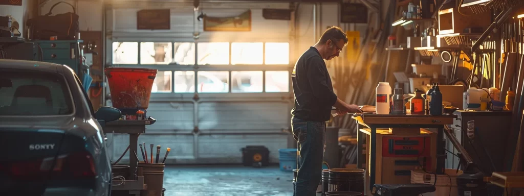 a mechanic carefully comparing paint swatches in a well-lit garage in asheville.