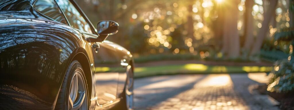 a pristine, glossy car gleams under a sunlit asheville backdrop, with reflections highlighting its meticulous detailing, symbolizing the excellence and care of professional auto detailing services.