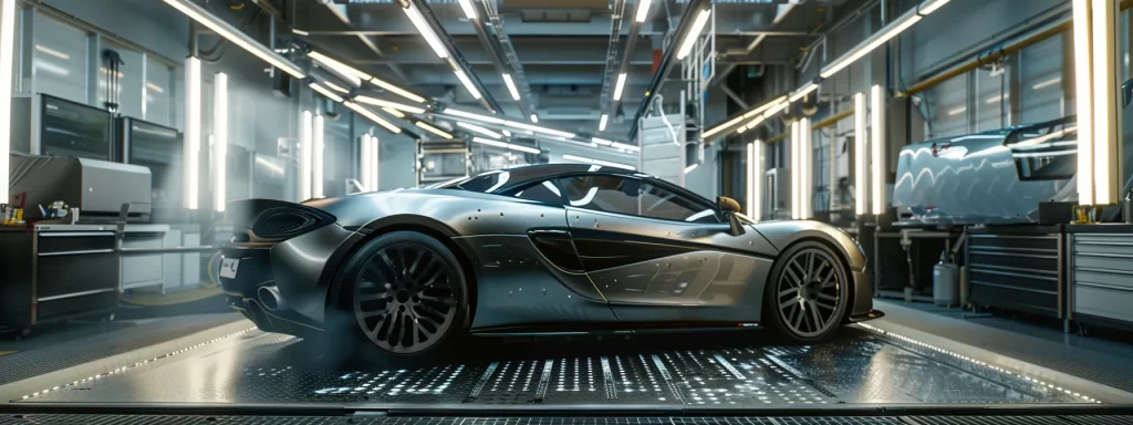 a sleek, metallic silver sports car undergoing a meticulous custom painting process in a high-end auto body shop.