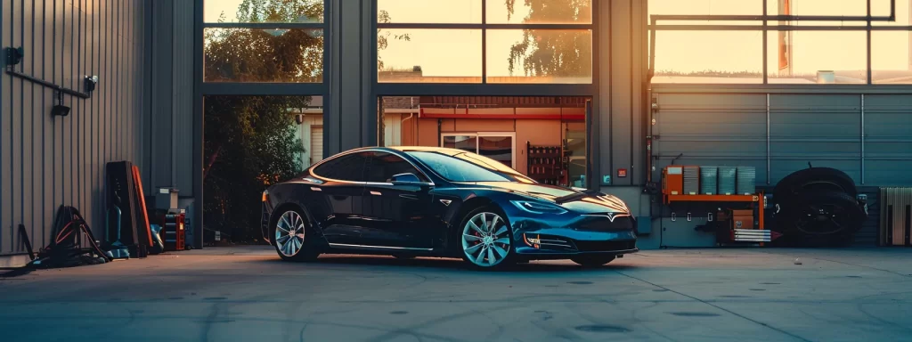 a sleek, shiny car with a perfectly matched paint job parked in front of a professional auto body shop.