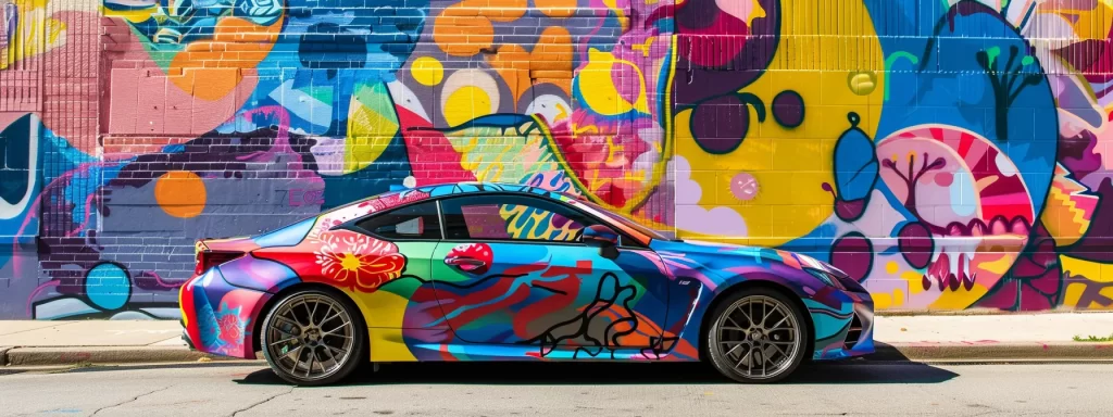 a sleek, vibrant custom-painted car parked in front of a colorful mural in asheville, showcasing unique design elements and quality workmanship.