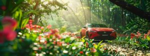 a vibrant, eco-friendly car gleams under the warm asheville sun, surrounded by lush greenery and blooming wildflowers, showcasing the benefits of sustainable detailing practices.