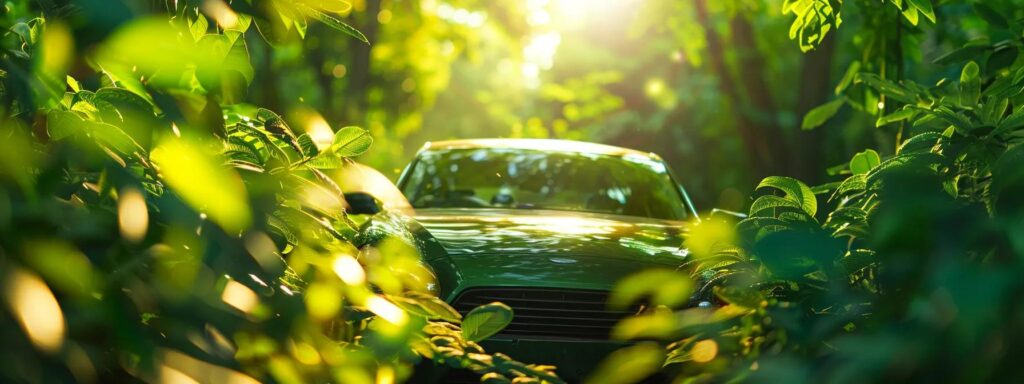 a vibrant, eco-friendly car detailing scene showcases a gleaming vehicle surrounded by lush greenery, symbolizing health and sustainability, illuminated by soft, natural sunlight filtering through the leaves.