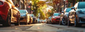 a vibrant, sunlit asheville street lined with pristine, gleaming cars showcasing various detailing options, highlighting the contrast between glossy finishes and textured surfaces.