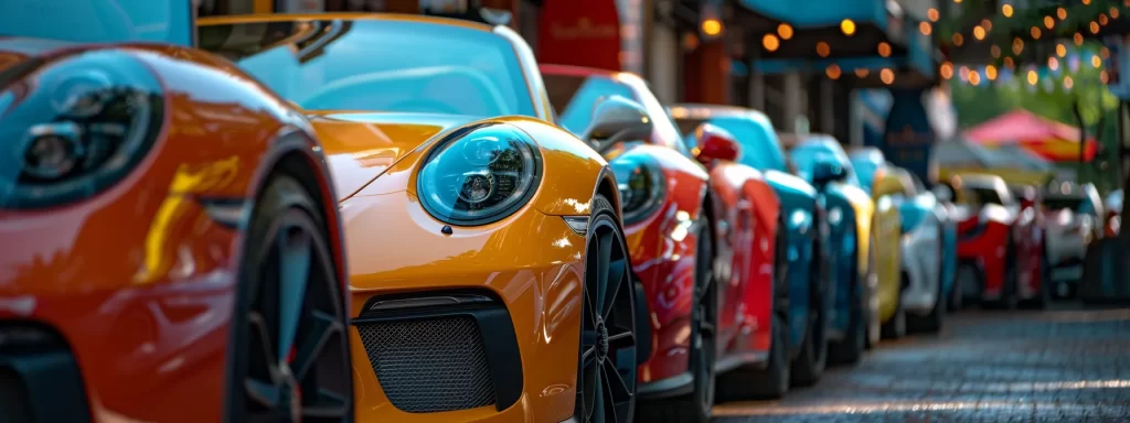 vibrant, colorful cars lined up outside a top custom auto paint shop in asheville.