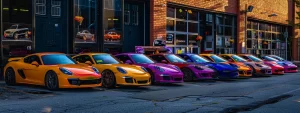 vibrant custom-painted cars lined up outside a sleek auto paint shop in asheville.